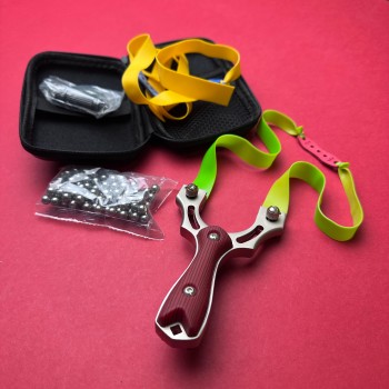 Praștie profesională corp metal cu laser, tinta, 2 benzi si bile