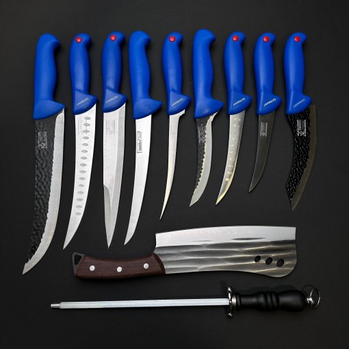 Set macelarie 11 piese, Satar si 3 cutite fier forjat, 6 cutite inox + pila ascutit, albastru