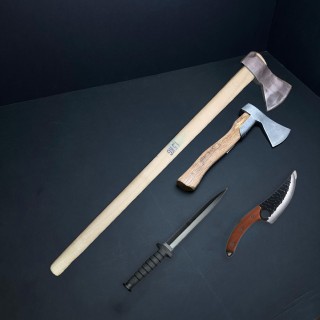 Set pădurar macelarie: Secure 1.5Kg, toporaș 600Gr, cuțit înjunghiat 2 tăișuri, cuțit tranșat fier forjat