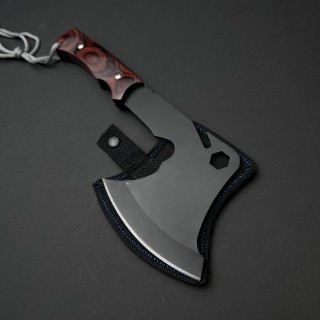 Toporisca tactica 38cm, camping si drumetii, lama otel inoxidabil, maner lemn maro, husa