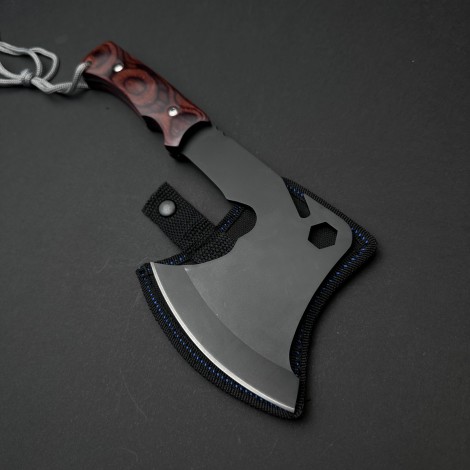 Toporisca tactica 38cm, camping si drumetii, lama otel inoxidabil, maner lemn maro, husa