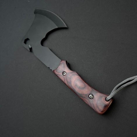 Toporisca tactica 38cm, camping si drumetii, lama otel inoxidabil, maner lemn maro, husa