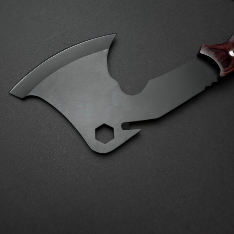 Toporisca tactica 38cm, camping si drumetii, lama otel inoxidabil, maner lemn maro, husa