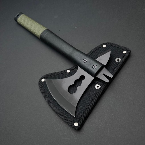 Toporisca tactica 33cm, camping si drumetii, lama otel inoxidabil, maner verde, husa