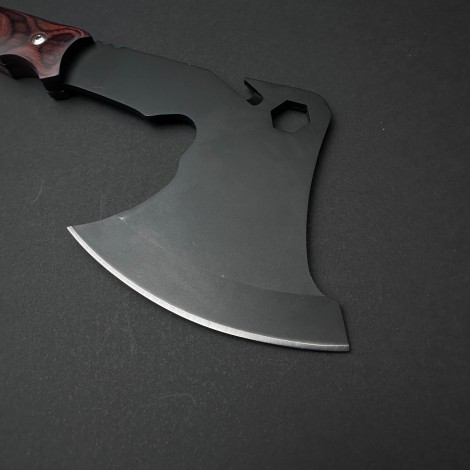 Toporisca tactica 38cm, camping si drumetii, lama otel inoxidabil, maner lemn maro, husa