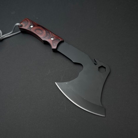 Toporisca tactica 38cm, camping si drumetii, lama otel inoxidabil, maner lemn maro, husa