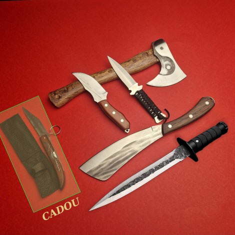 Set 5+1 piese Macelarie: Toporisca YinYang, Cuțit înjunghiat doua taisuri, 2 cuțite otel inox si Satar + cadou: Cutit tip briceag