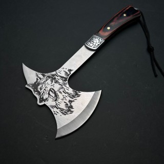 Topor camping Gama Viking Lup, lama 11cm otel inox, maner aderent insertie lemn FeroCut