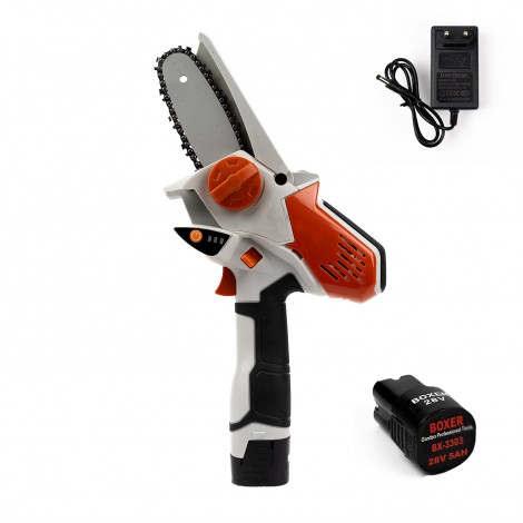 Mini Drujba Boxer BX-3303, 2 acumulatori 28V 5Ah, lama si lant 6inch, alb