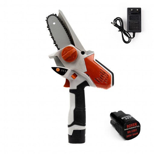 Mini Drujba Boxer BX-3303, 2 acumulatori 28V 5Ah, lama si lant 6inch, alb