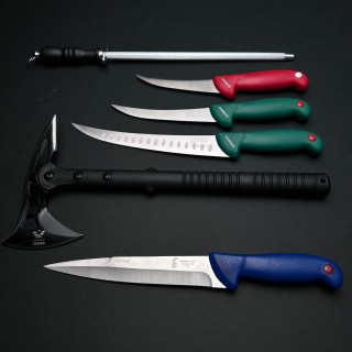 Set macelarie 6 piese COLORATE, Toporisca cap dublu, 4 cutite si pila ascutit, black