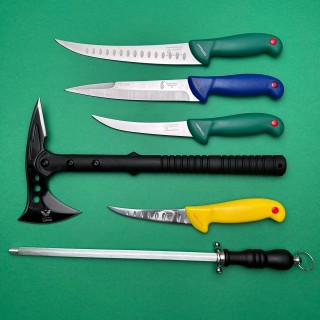 Set macelarie 6 piese, Toporisca cap dublu, 4 cutite si pila ascutit, green