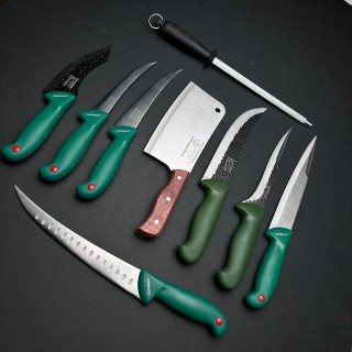 Set macelarie 9 piese, 5 cutite profesionale otel inox, 2 cutite fier forjat, 1 satar si 1 pila ascutit, transat MPVE