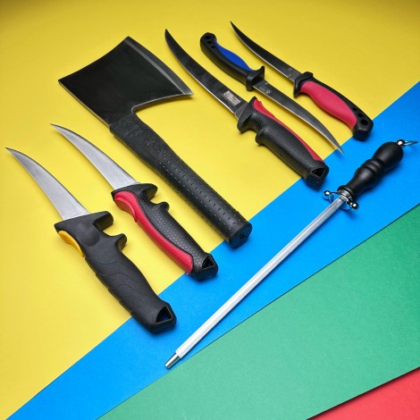 Set macelarie Black Edition 7 piese, 5 cutite filetat, 1 Satar, lame otel inox si 1 pila ascutit Set macelarie Black Edition 7 piese, 5 cutite filetat, 1 Satar, lame otel inox si 1 pila ascutit