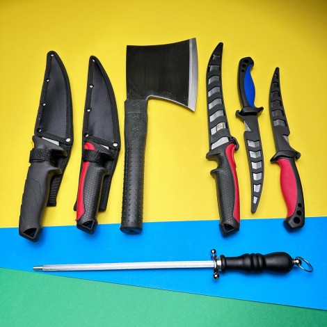 Set macelarie Black Edition 7 piese, 5 cutite filetat, 1 Satar, lame otel inox si 1 pila ascutit Set macelarie Black Edition 7 piese, 5 cutite filetat, 1 Satar, lame otel inox si 1 pila ascutit