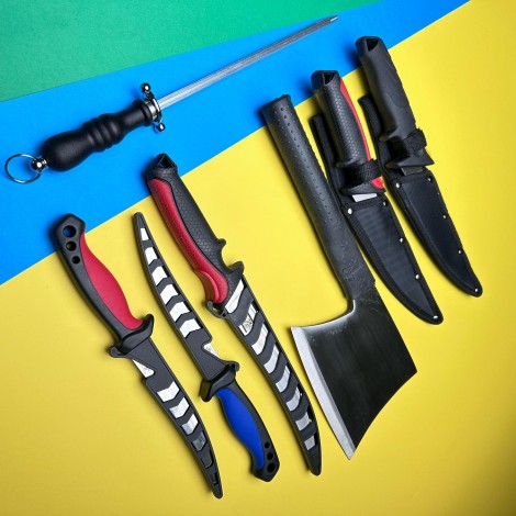 Set macelarie Black Edition 7 piese, 5 cutite filetat, 1 Satar, lame otel inox si 1 pila ascutit Set macelarie Black Edition 7 piese, 5 cutite filetat, 1 Satar, lame otel inox si 1 pila ascutit