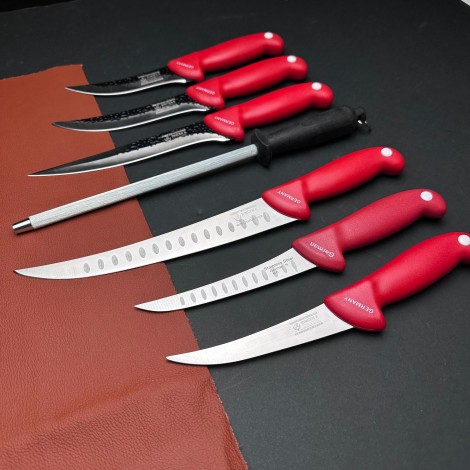 Set macelarie Gama Gladiator 8 piese, Cutit fier forjat tip maceta, 6 cutite si pila ascutit, rosu