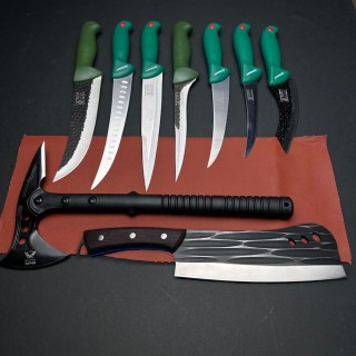 Set macelarie Gama Gladiator 9 piese, Cutit fier forjat tip maceta, 7 cutite si Toporisca, verde MPVE