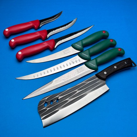 Set macelarie Gama Haiduc 7 piese, Cutit fier forjat tip maceta 33cm, 6 cutite, verde/rosu