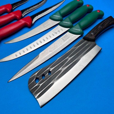 Set macelarie Gama Haiduc 7 piese, Cutit fier forjat tip maceta 33cm, 6 cutite, verde/rosu