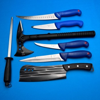 Set macelarie Gama Haiduc 7 piese, Cutit fier forjat tip maceta 33cm, Toporisca, 4 cutite si pila ascutit