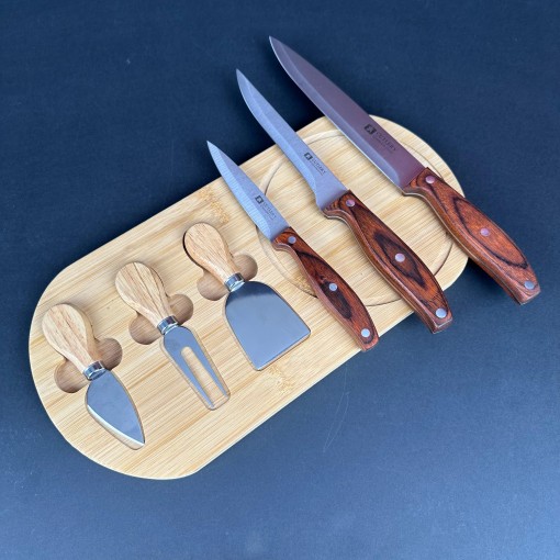 Set platou branzeturi din lemn bambus cu 3 cutite bucatarie, 2 cutite servire si o furculita, lama otel inoxidabil