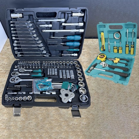 Trusa de scule profesionala 121 piese, tubulare, biti, chei fixe si clichet de 1/4, 1/2 si 3/8 + Trusa de scule 11 piese RESIGILAT- Cutie sparta