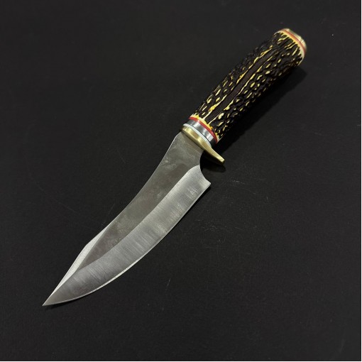 Cutit camping Rustic 24cm, lama varf dublu otel inox, maner corn cerb, husa, CUT-RST24CB