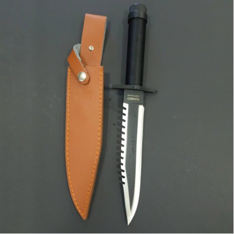 Cutit camping Rambo First Blood 36cm, lama otel inox cu margine zimtata si varf dublu, teaca piele maro, RAMBO-36 Cutit camping Rambo First Blood 36cm, lama otel inox cu margine zimtata si varf dublu, teaca piele maro, RAMBO-36