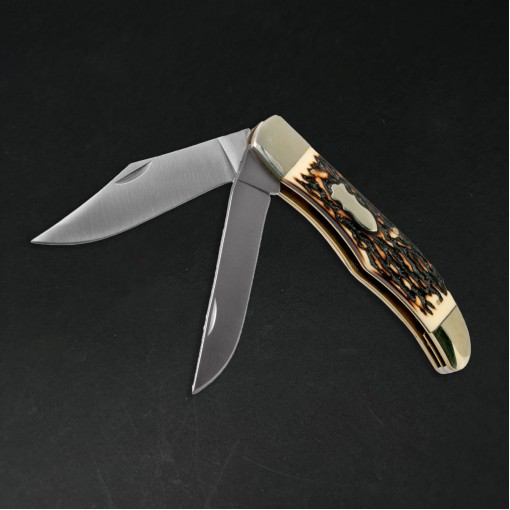 Cutit briceag camping și drumetie 23cm, 2 lame otel inox, maner corn cerb, BRC-CD23C