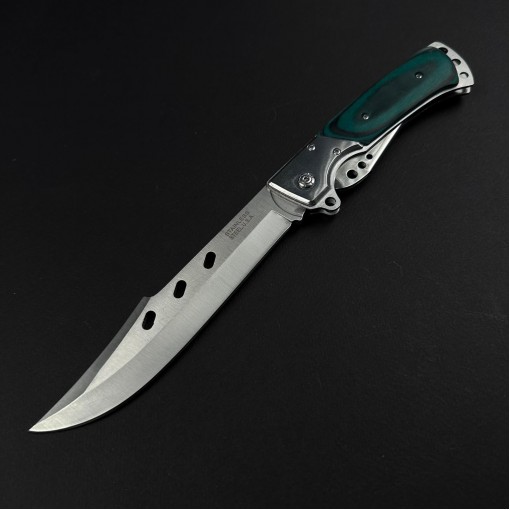 Cutit camping tip Briceag 27cm, lama otel inox, maner metal+lemn verde, cu husa FR18