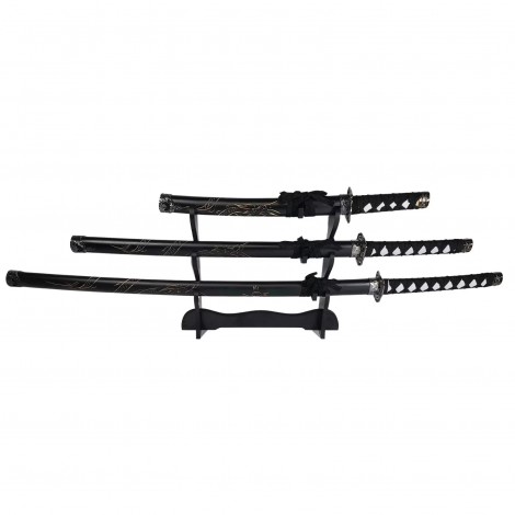 Set 3 sabii tip katana Ninja Warrior, panoplie, replici decorative, suport inclus, negru FR17
