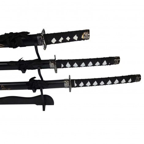 Set 3 sabii tip katana Ninja Warrior, panoplie, replici decorative, suport inclus, negru FR17