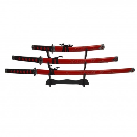 Set 3 sabii tip katana Ninja Warrior, panoplie, replici decorative, suport inclus, rosu FR17