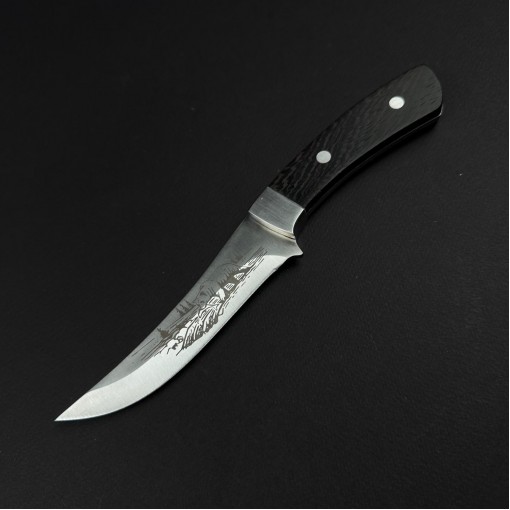 Cutit camping Skinner Urs 25cm, lama curba otel inox, maner lemn, teaca piele FR18