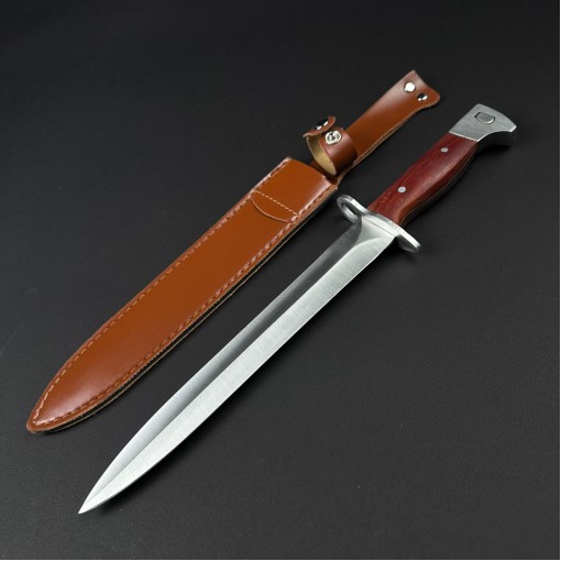 Cutit camping 34cm, lama otel inox, maner lemn, teaca piele, baioneta tip pumnal FR20