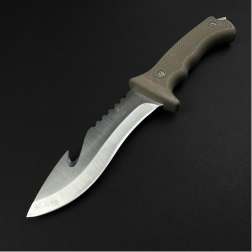 Cuțit camping bowie AJ 28cm, lamă oțel inoxidabil cu carlig, mâner kaki, cu husa FR19