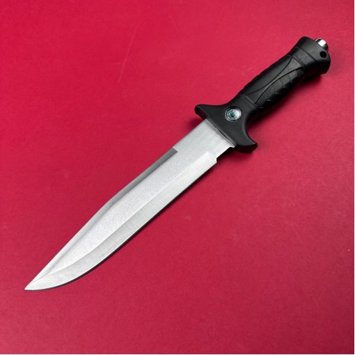 Cutit camping 32cm, lama otel inox dublu tais, maner abs negru cu busola FR19