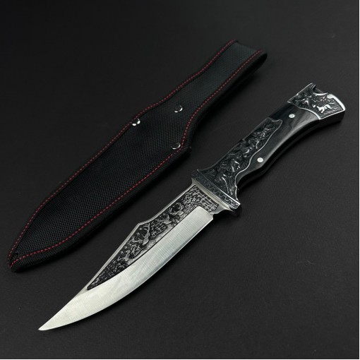 Cutit camping dagger 27cm, lama otel inox, maner lemn maro, husa FR19