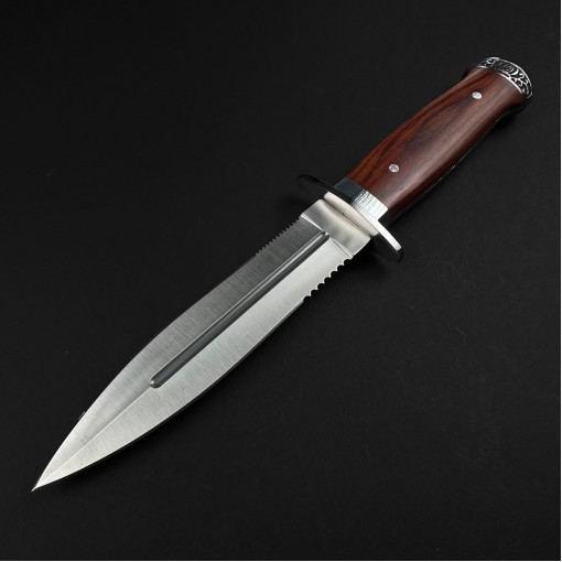 Cuțit camping dagger 28cm, lamă oțel inoxidabil dublu tăiș, mâner lemn maro, cu husa FR19