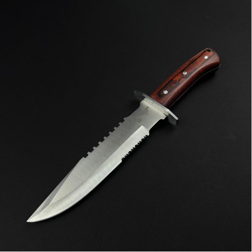 Cuțit camping dagger 28cm, lamă oțel inoxidabil varf dublu tăiș, mâner lemn maro, cu husa FR19