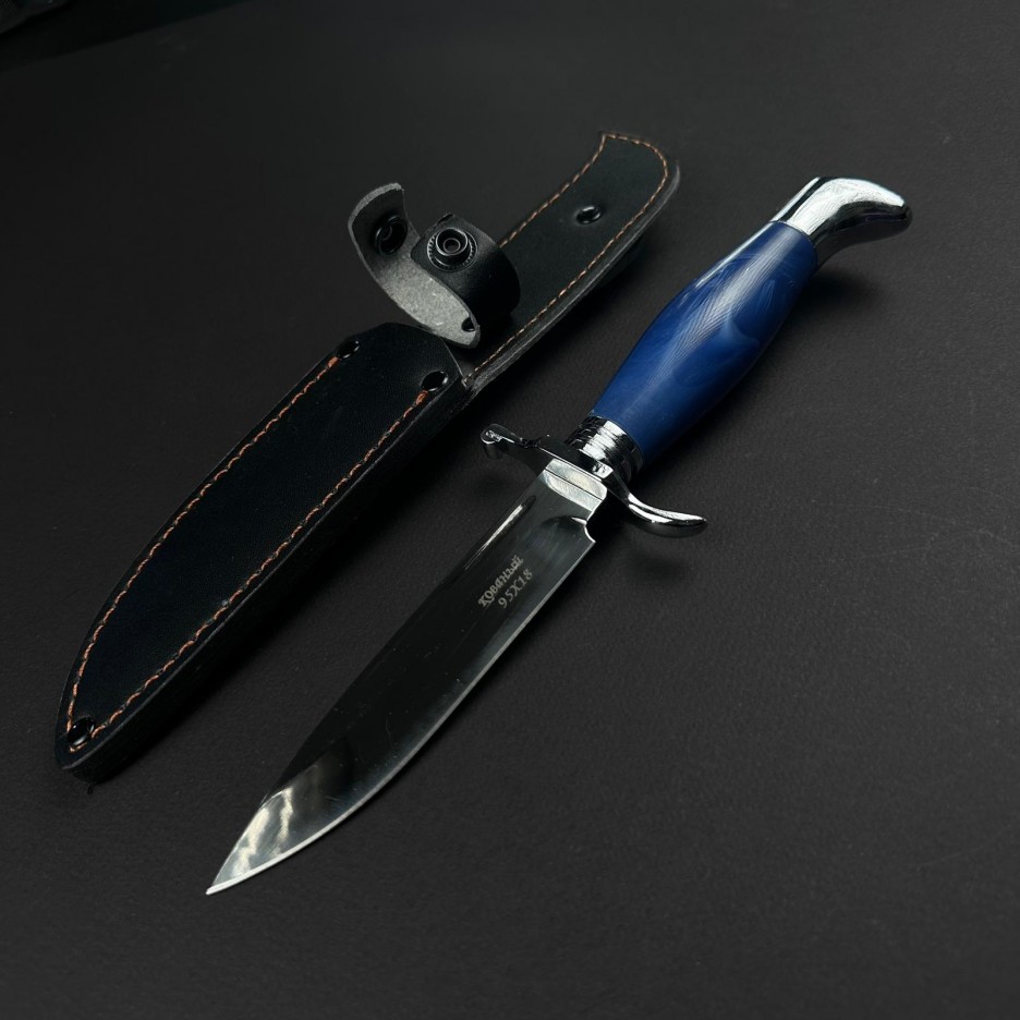 Cutit camping dagger 95x18 27cm, lama otel inox, maner albastru, husa piele FR20