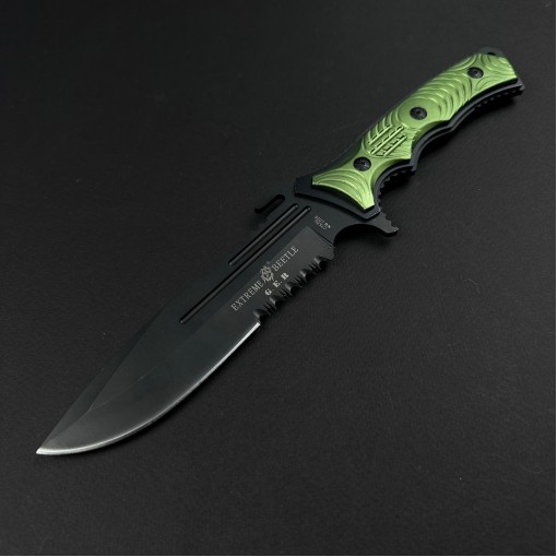 Cuțit camping dagger Beetle 29cm, lamă oțel inoxidabil varf dublu tăiș, mâner verde neon, cu husa FR19