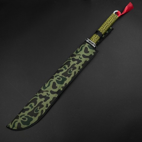Cuțit camping tip maceta bowie 70cm, lamă oțel inoxidabil, muchie parțial zimțată, mâner paracord verde, cu husa FR18 sabie + Cadou kunai 22cm FRS10