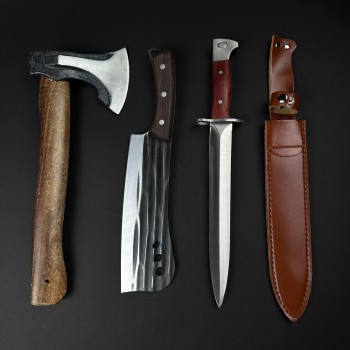 Set hobby 3 piese, Toporisca 34cm, Cutit tip Maceta fier forjat si Cutit tip Baioneta cu husa piele, set2