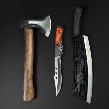 Set hobby 3 piese, Toporisca 34cm, Cutit tip Maceta 35cm fier forjat si Cutit tip Briceag 27cm, set8