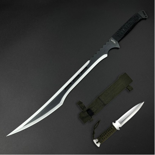 Sabie camping 67cm SB-C67D, lama dublu tais otel inoxidabil, maner paracord, cu husa textila, black + Cadou kunai 22cm FRS10