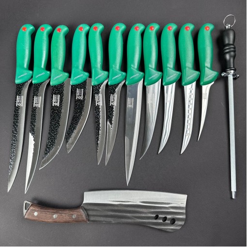 Set macelarie 13 piese, Satar si 6 cutite fier forjat, 5 cutite inox + pila ascutit, verde MPVE