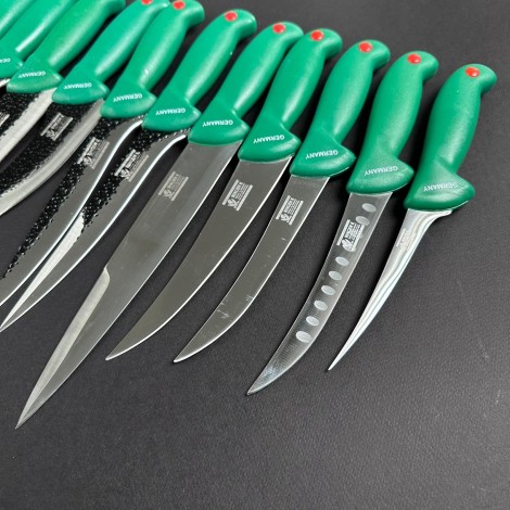 Set macelarie 13 piese, Satar si 6 cutite fier forjat, 5 cutite inox + pila ascutit, verde MPVE