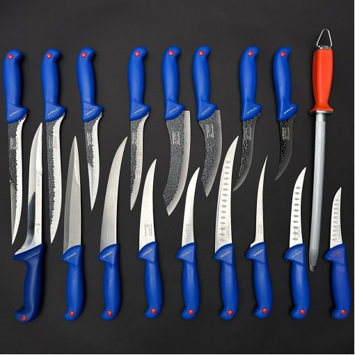 Set macelarie 18 piese dezosat, filetat, injunghiat, santoku, 8 Cutite fier forjat, 9 Cutite otel inox + pila ascutit, albastru MPAB